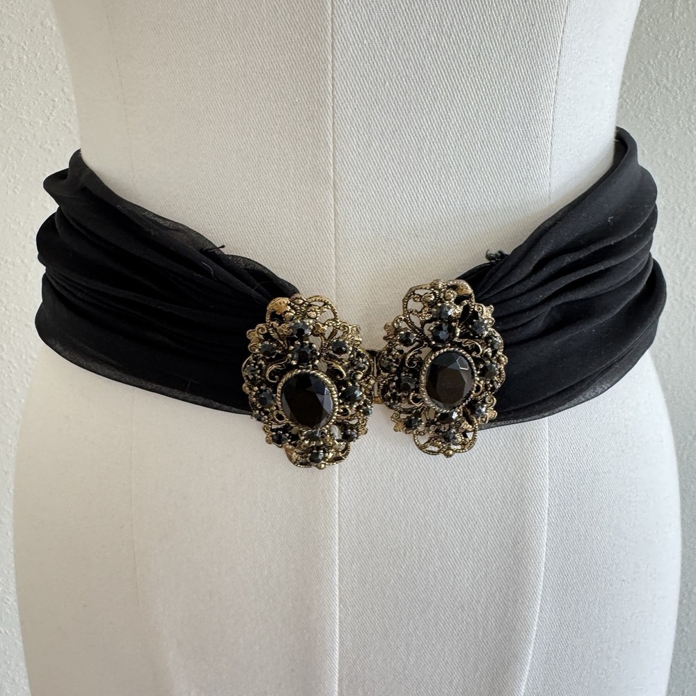 Vintage Gold Black Rhinestone Buckle Chiffon Belt Sheer Sexy Sz 26/27 Whimsigoth